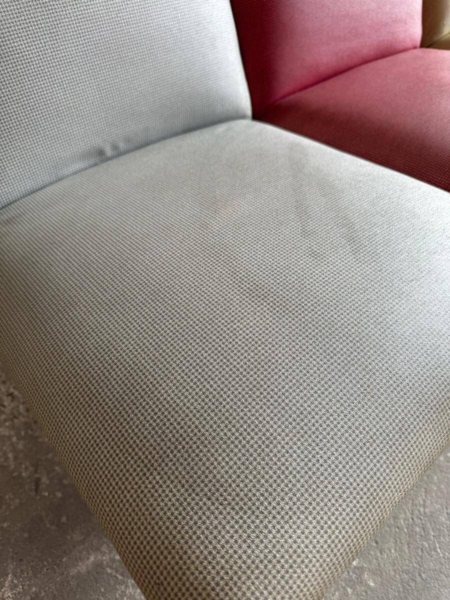 Set of 3 Mid-century club chairs — light blue, wine red & ochre textile with wooden legs