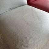 Set of 3 Mid-century club chairs — light blue, wine red & ochre textile with wooden legs