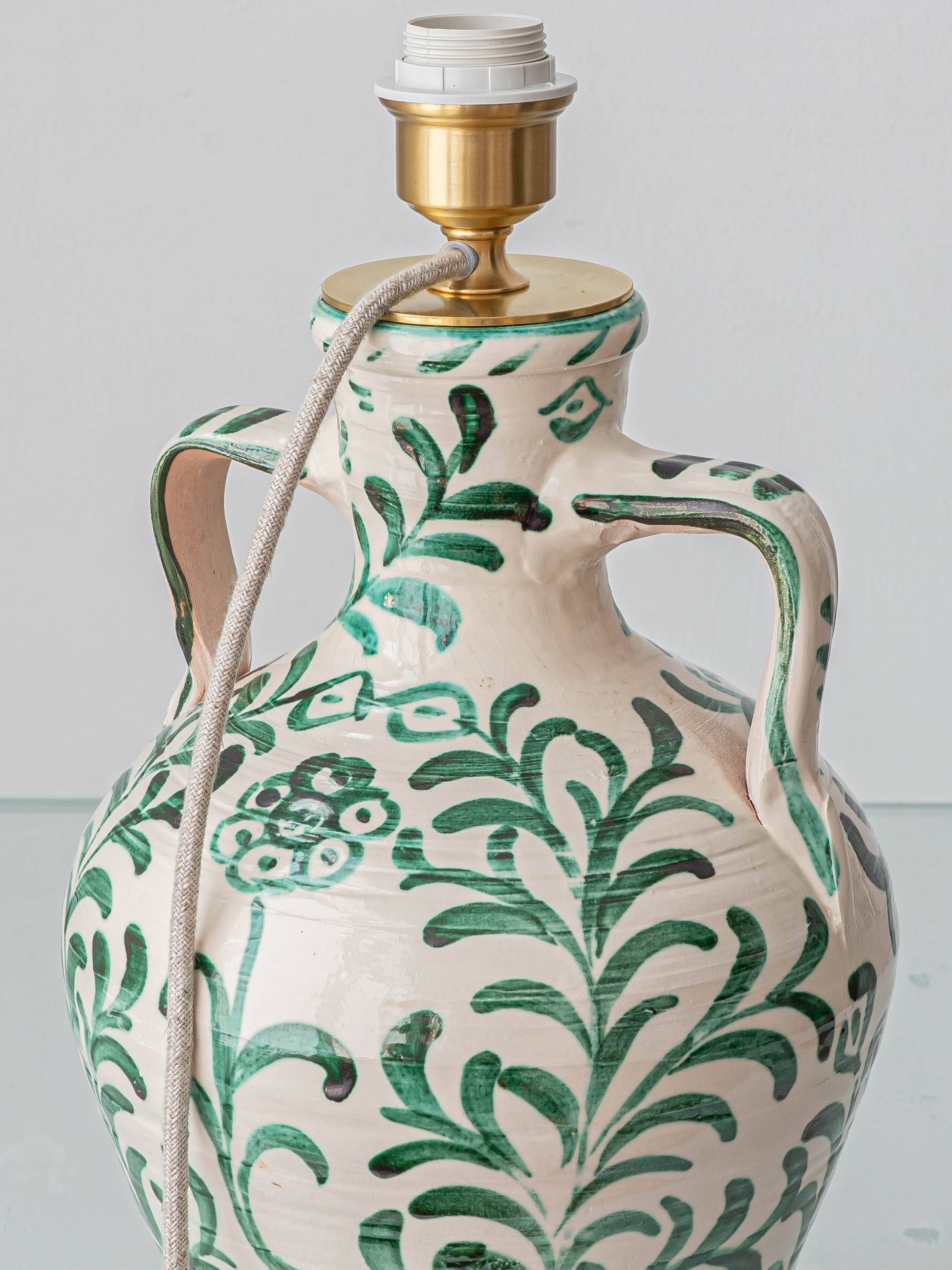 Spanish Revival Ceramic Table Lamp Pair from Granada, New Linen Lampshades