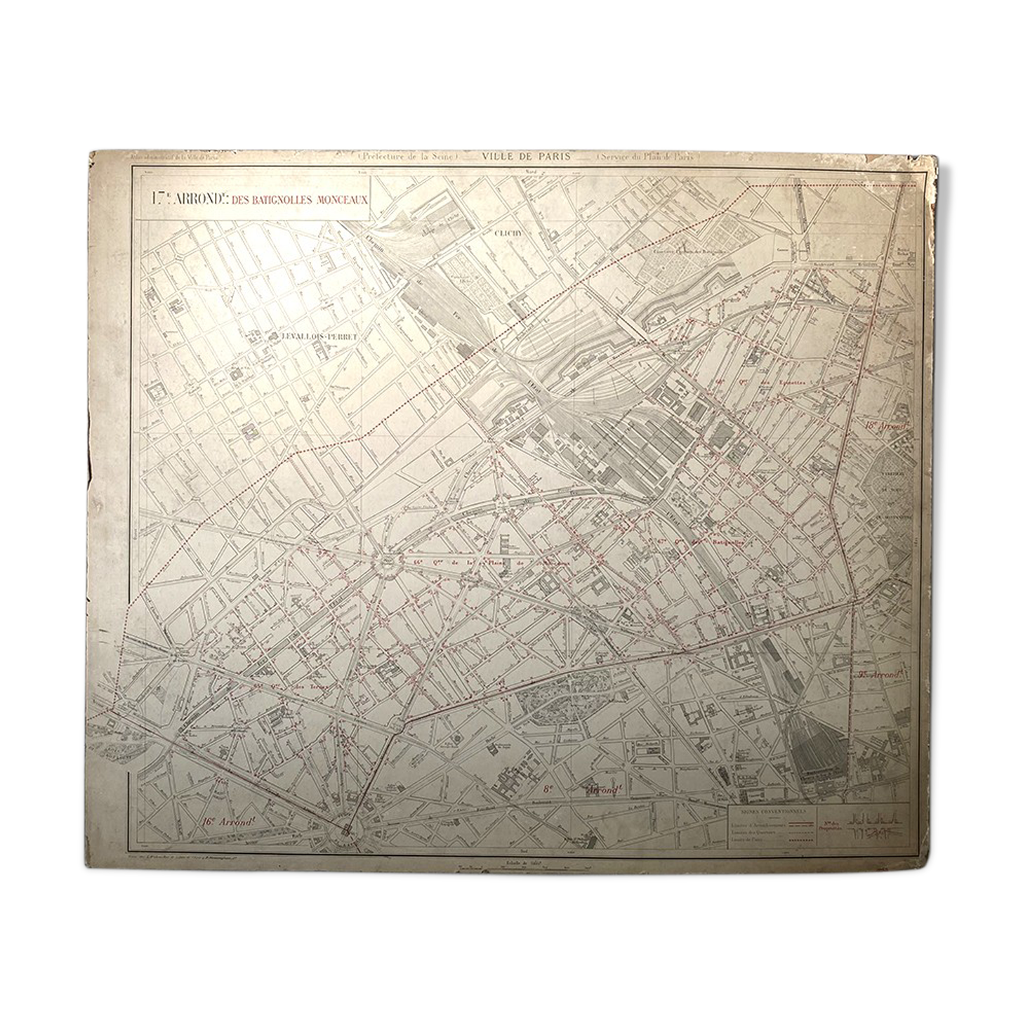 Old cardboard map of Paris, 17th arrondissement