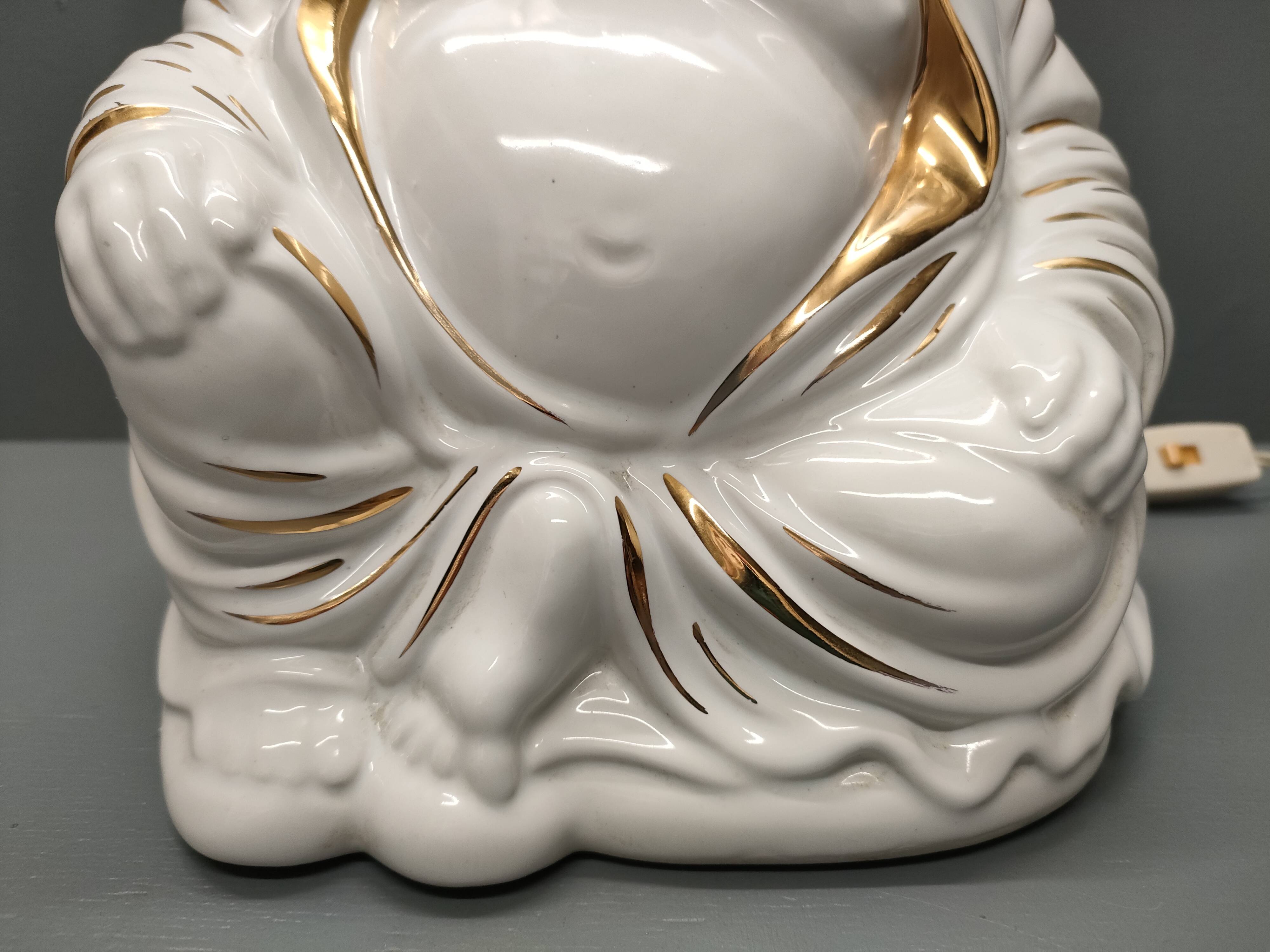 Seated Buddha lamp base ~ glazed and gold white ceramic ~ 80s