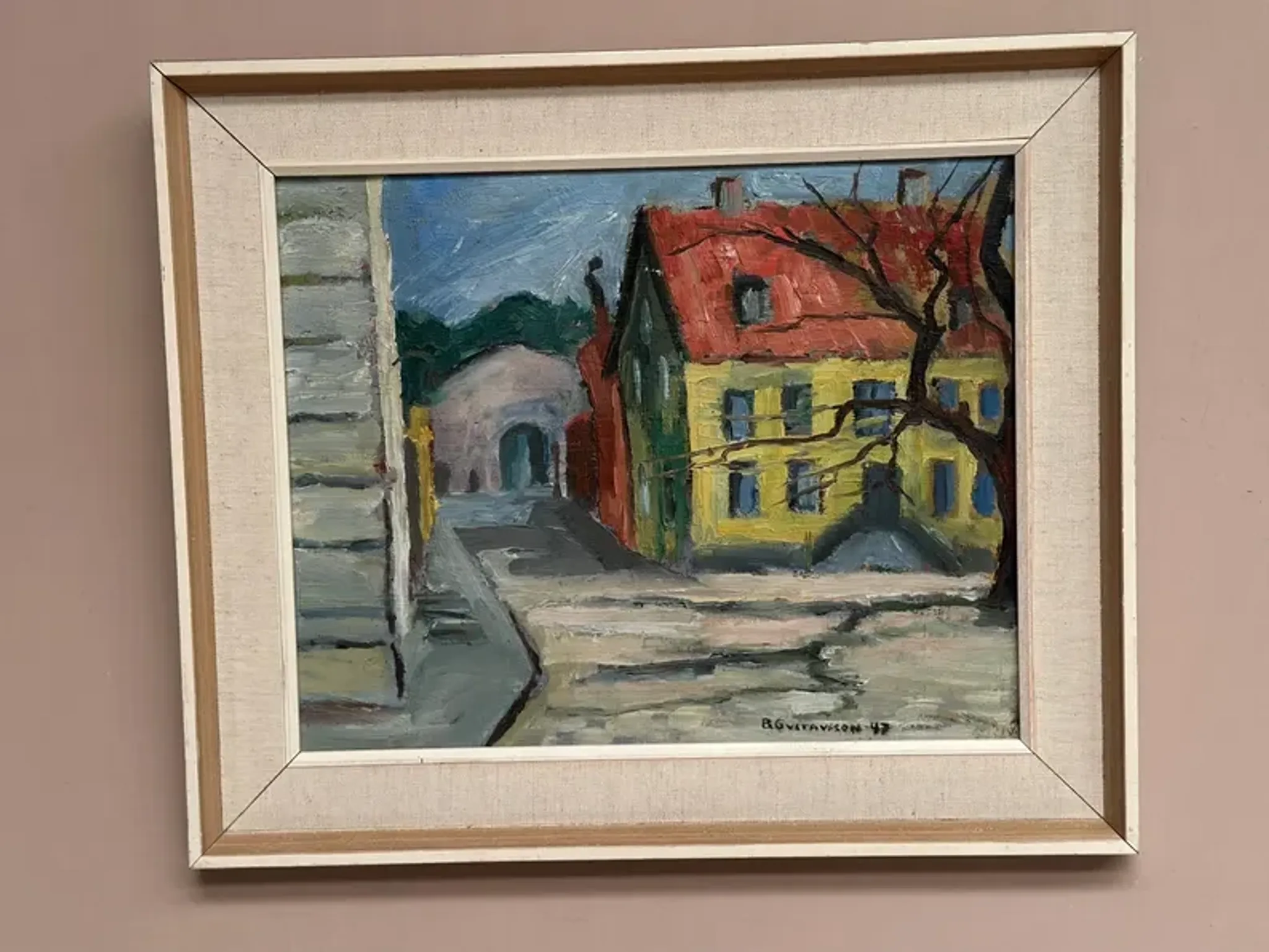 Original Swedish Oil on Panel – “Urban Landscape” by B. Gustavson – Signed – Dated 1947 – Vintage & Framed