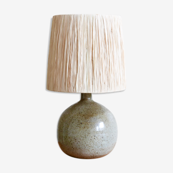 Lampe boule en céramique, abat jour en raphia, années 60