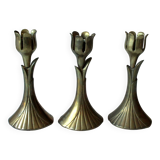 3 beautifull solid brass candle holders with floral motif, vintage from the 1960s