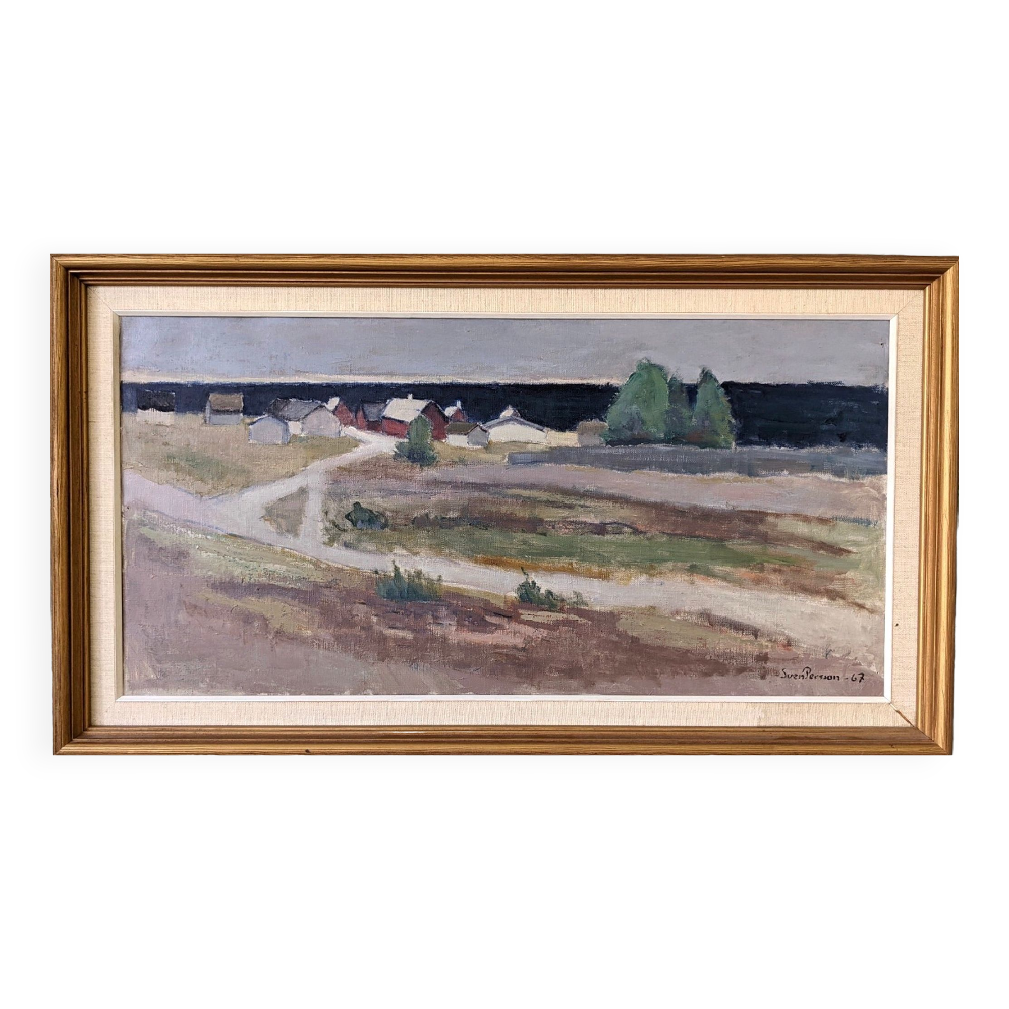 1967 mid-century modern swedish "coastal path" vintage coastal landscape framed oil painting
