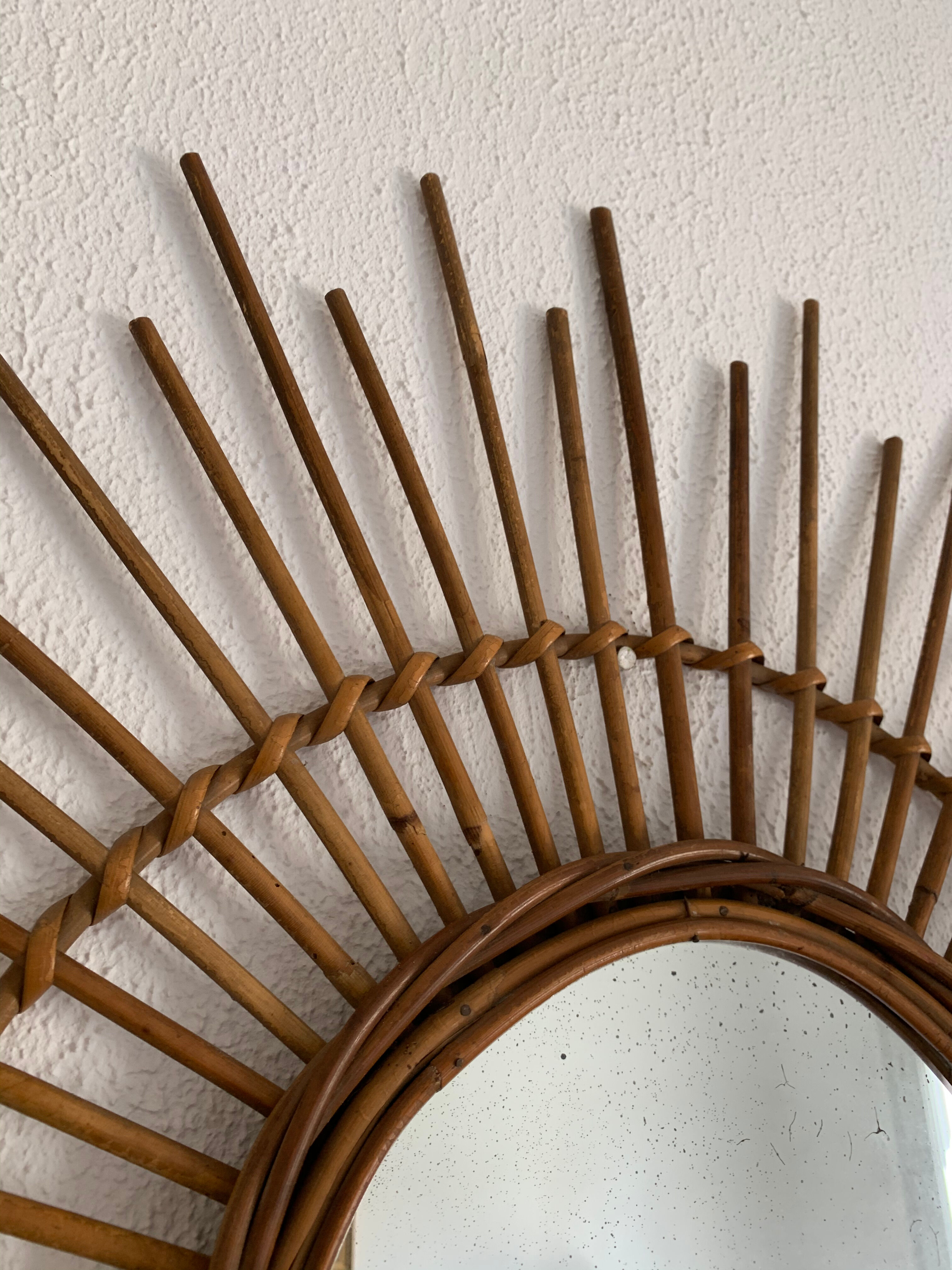 Miroir vintage 1960 soleil rotin - 78 cm
