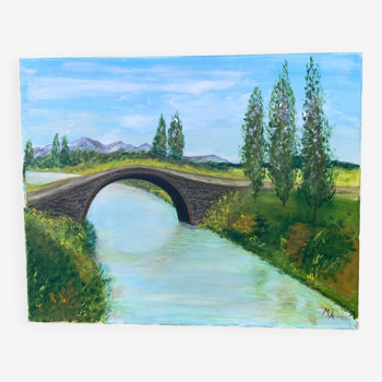 Painting on canvas Pont de Vernet 1994 signed landscape France vintage old art