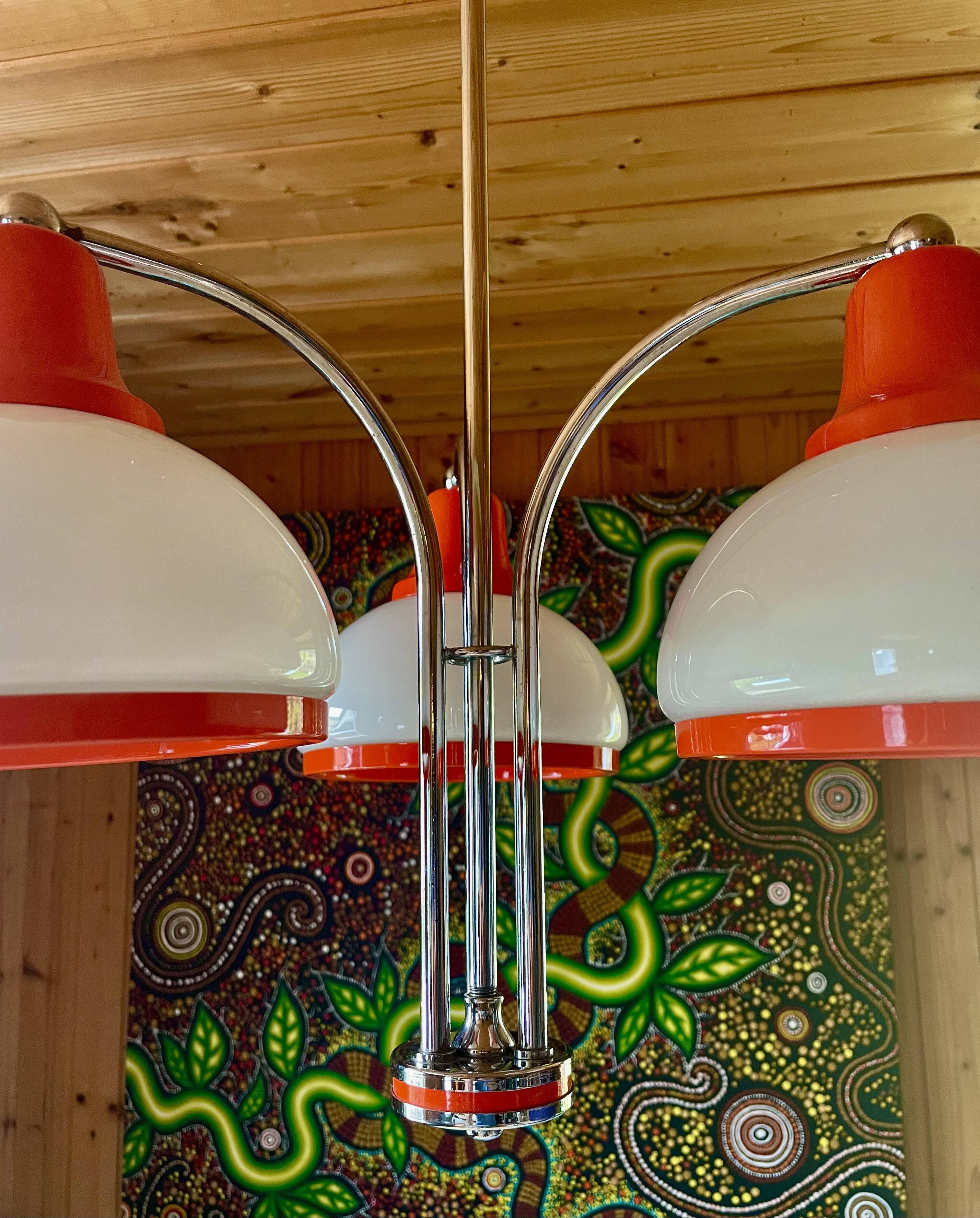 Chandelier, Pendant light, Ceiling light, 3 white and orange lampshades, 70s