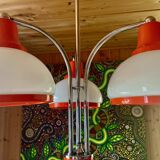 Lustre, Suspension, Plafonnier, 3 abat-jours blanc et orange, année 70