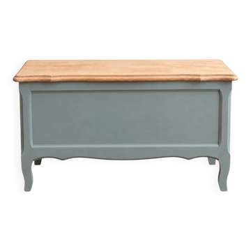 Coffre ancien rénové vert grisé – couvercle en bois naturel – rangement vintage 90 cm