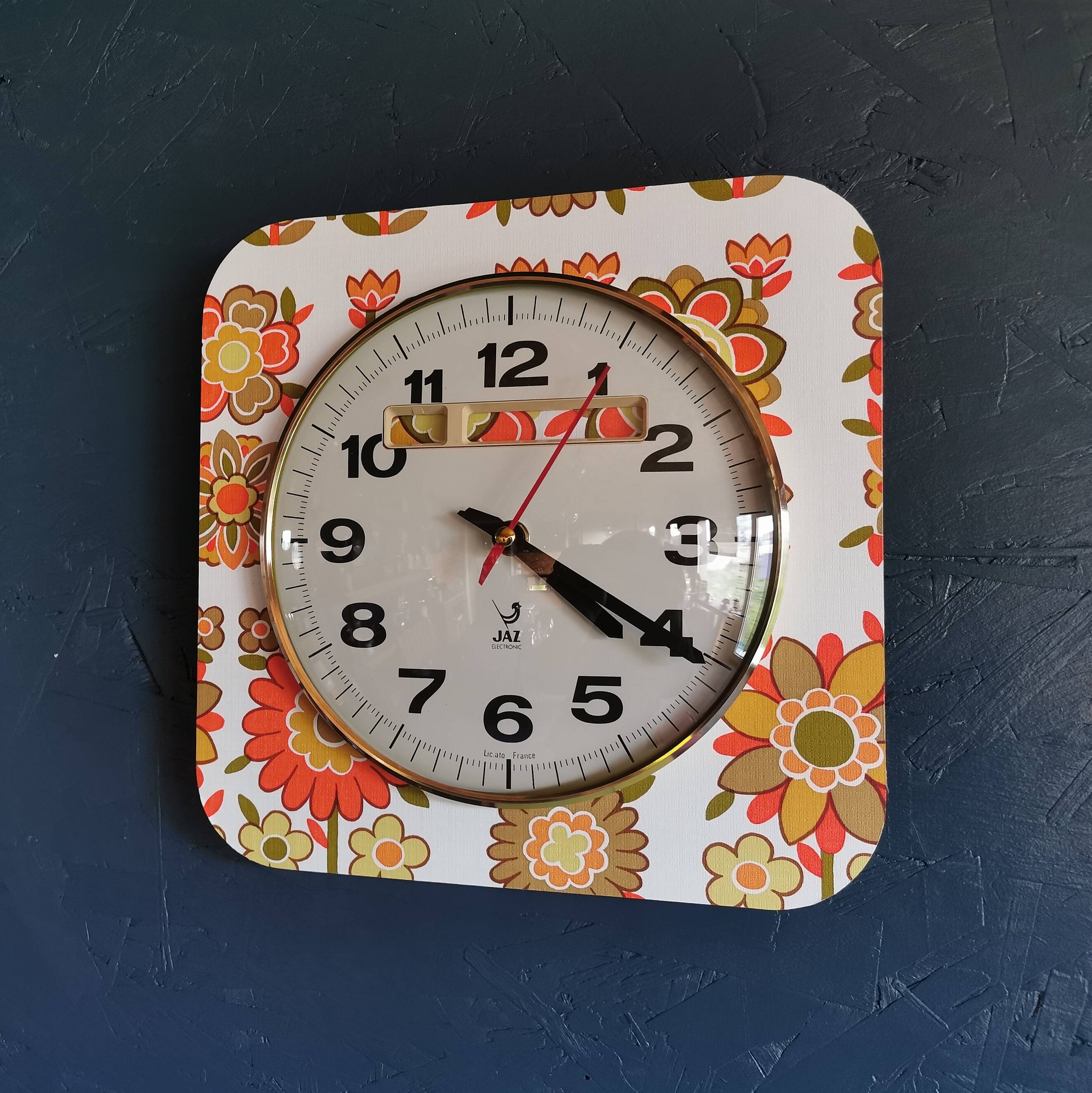 Vintage formica clock square silent wall pendulum "Jaz orange flowers"