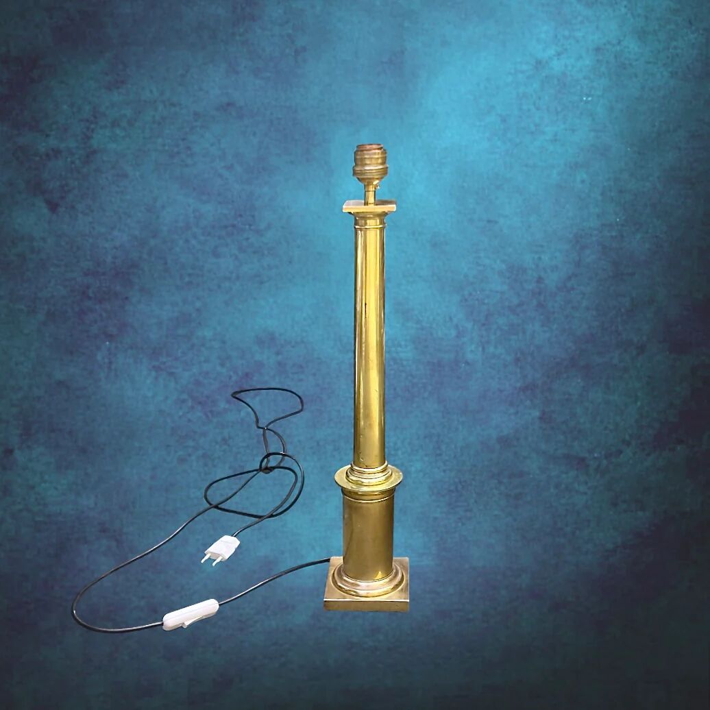 Large vintage brass lamp base in neoclassical column style with a copper socket.