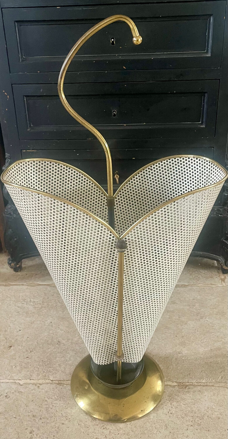 Metal umbrella stand with rigitulle and brass from the 1950s.
