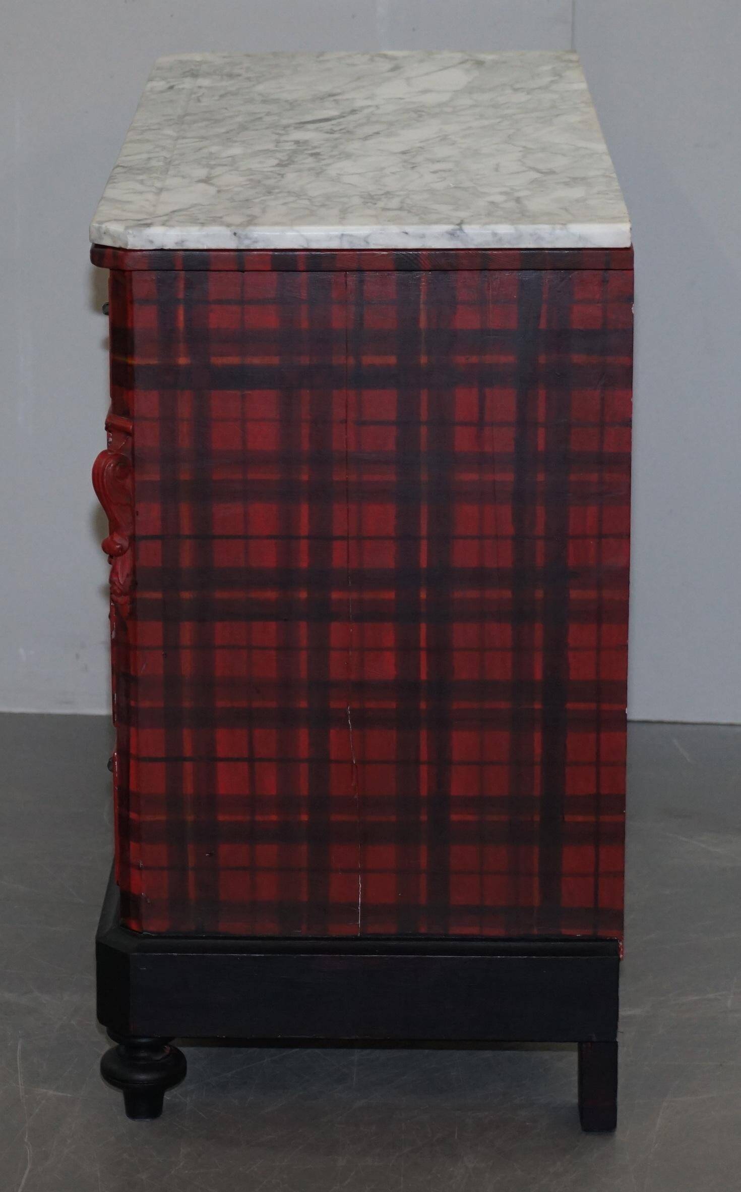 Victorian Commode with Tartan Upholstery and Marble Top
