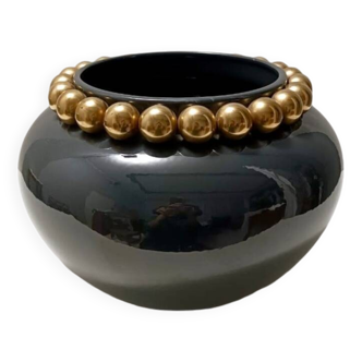 Dark Grey / Green Lacquered Ceramic Vase with Pure Gold Pearls, Italy