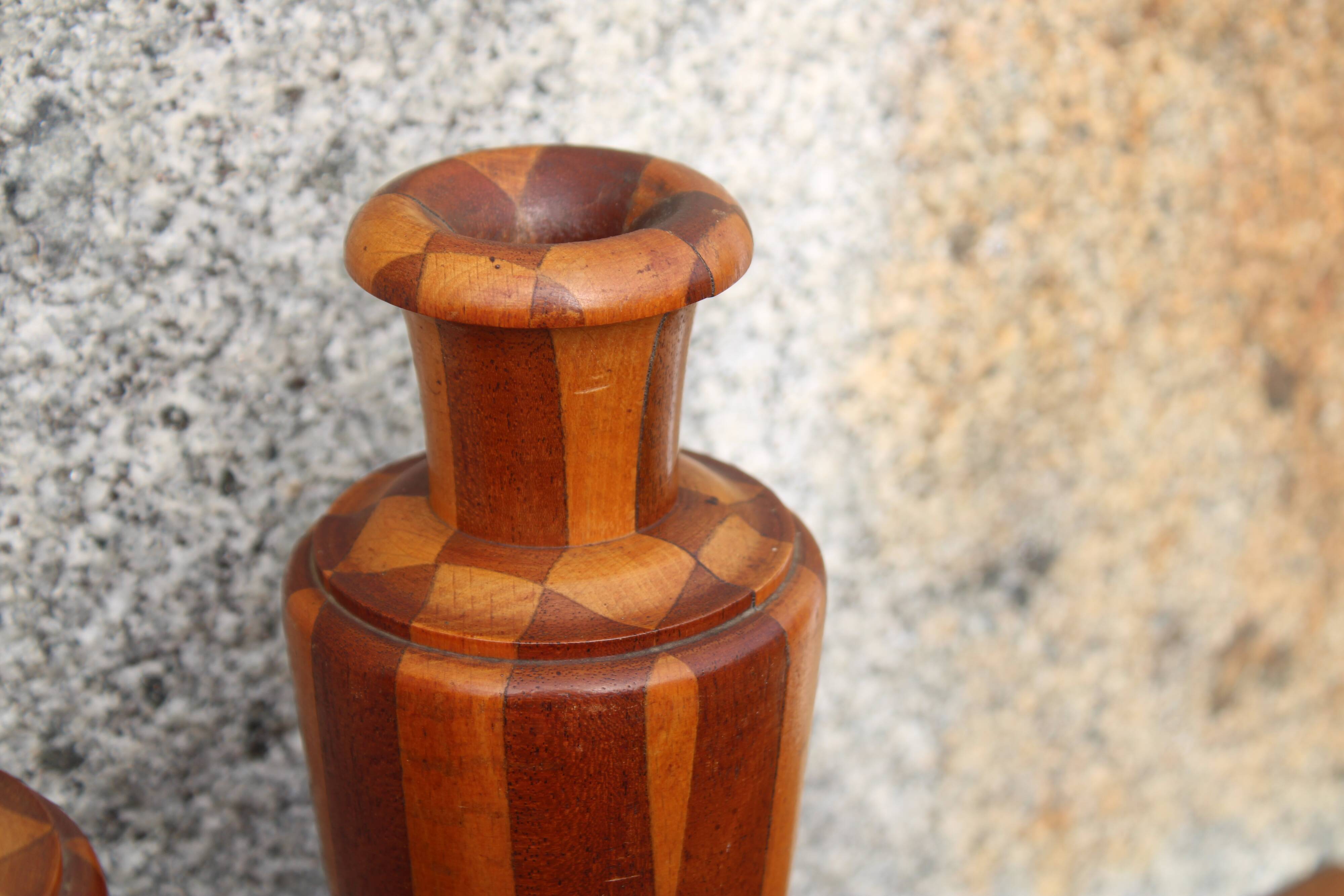 Pair of turned wooden vases – geometric design