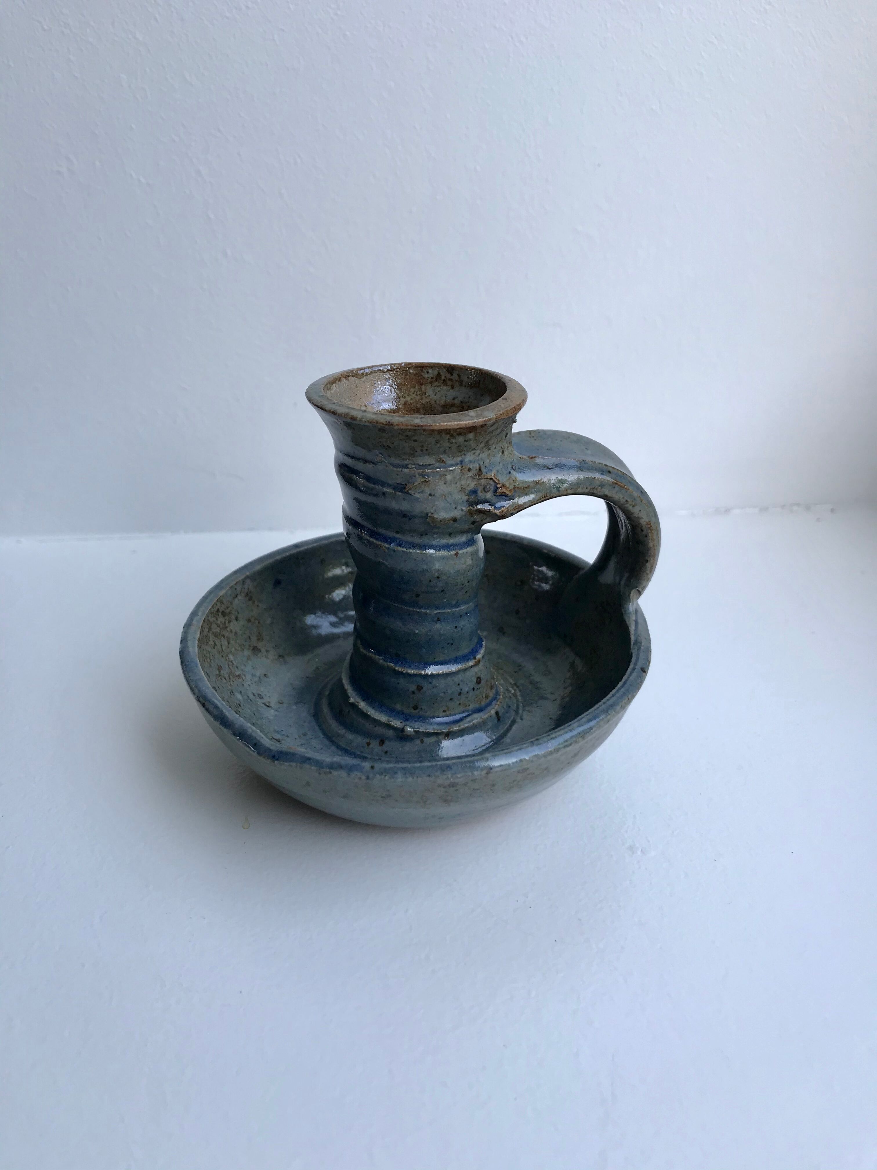 Bougeoir en grès vernissé bleu années 70