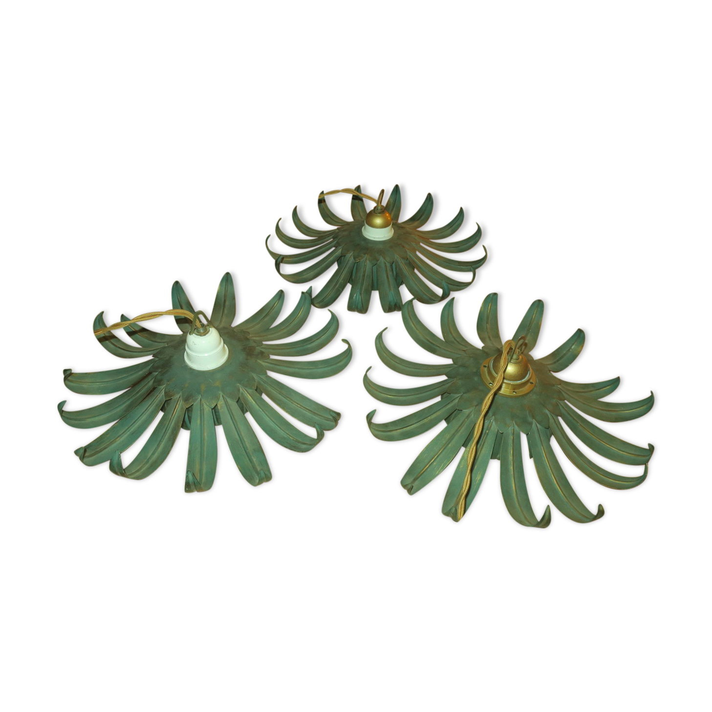 Set of 3 vintage vine leaf shaped pendant lights 1970s