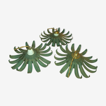 Set of 3 vintage vine leaf shaped pendant lights 1970s