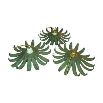 Set of 3 vintage vine leaf shaped pendant lights 1970s