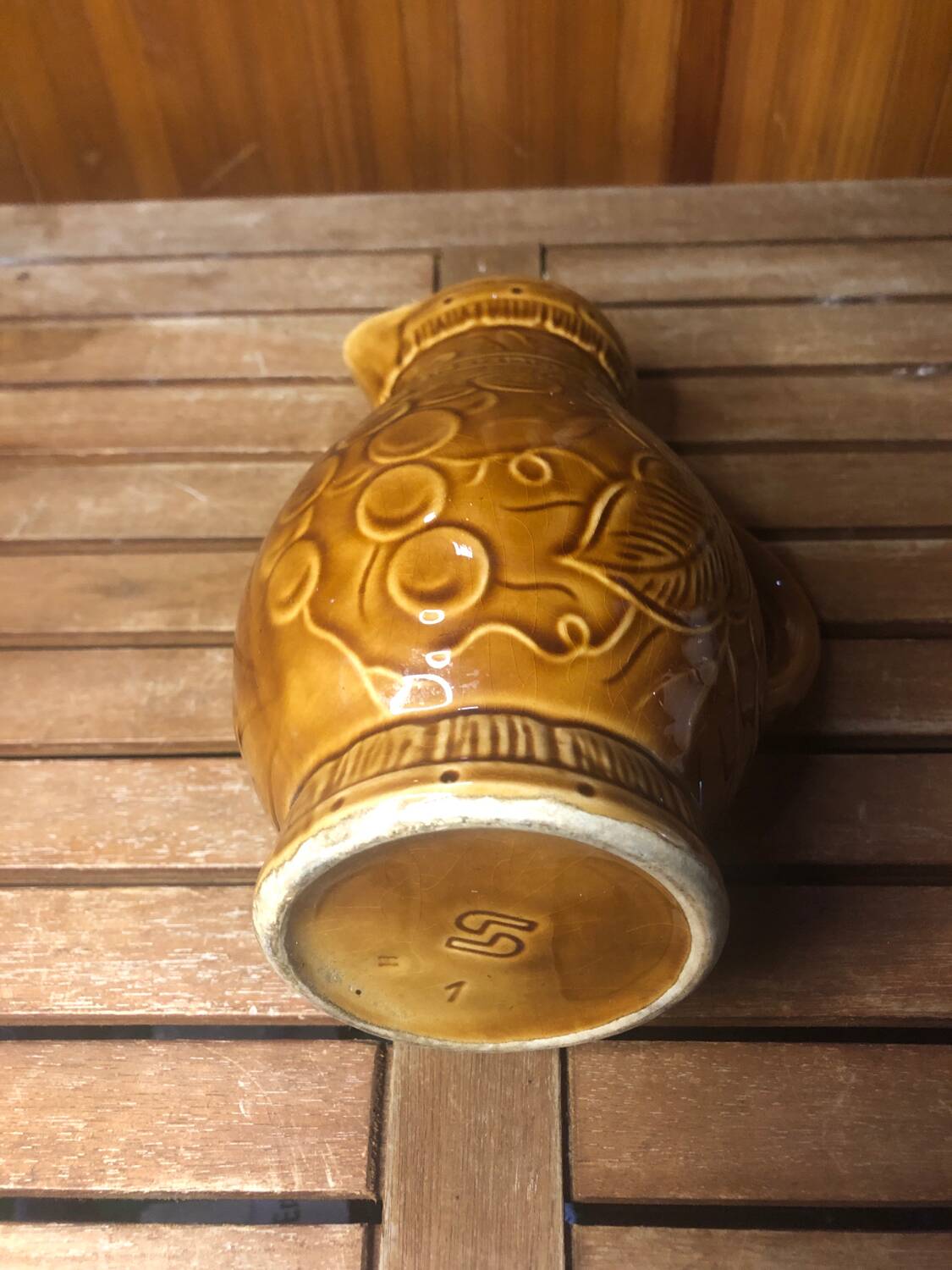 Old sarreguemines pitcher brown ceramic vintage vines decor #a430