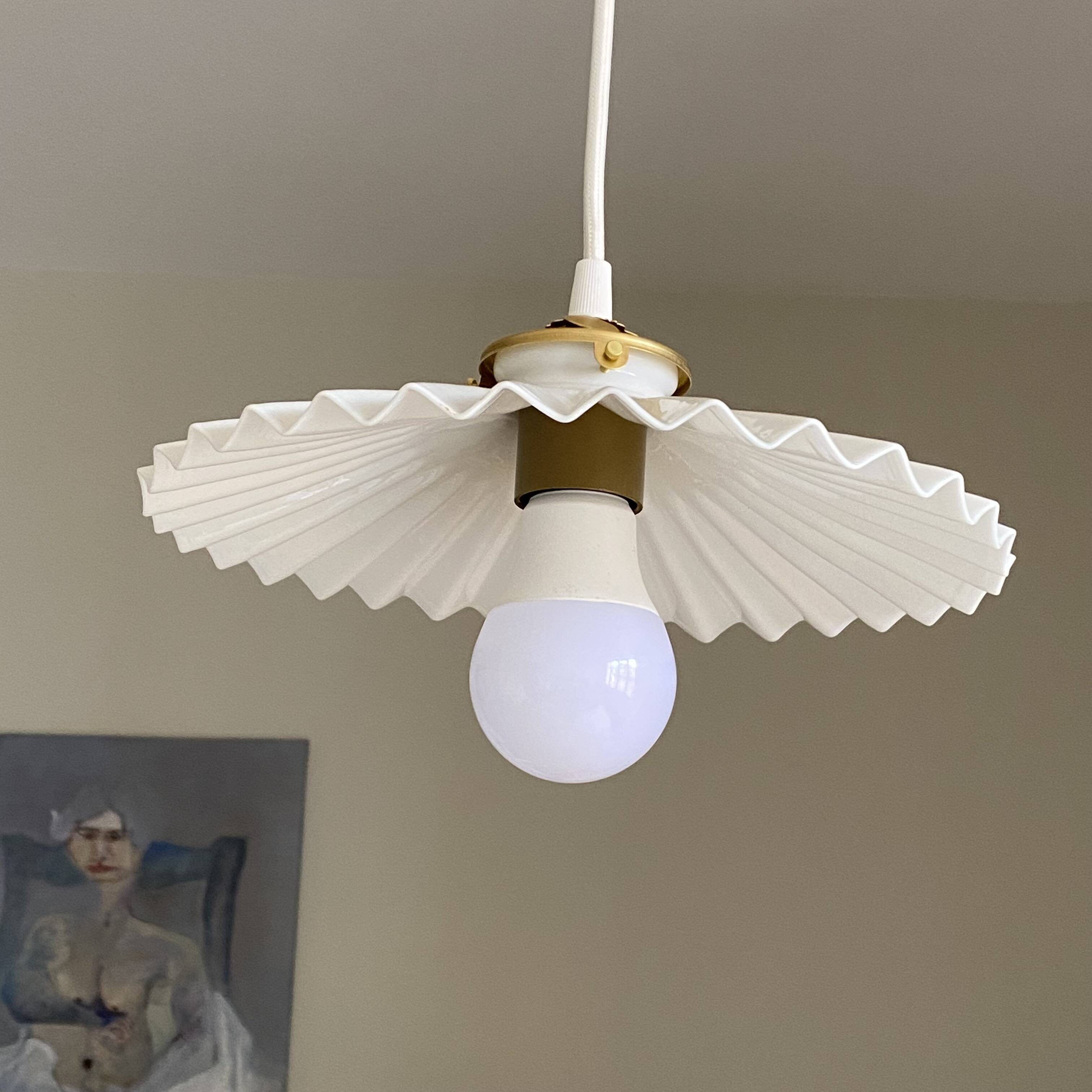 Vintage pleated white opaline glass lampshade.