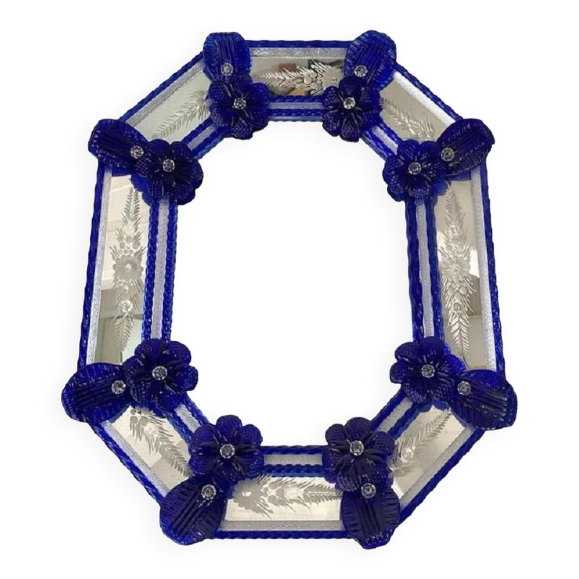 Venetian Octagonal Blue Floreal Hand-Carving Mirror in Murano Glass Style