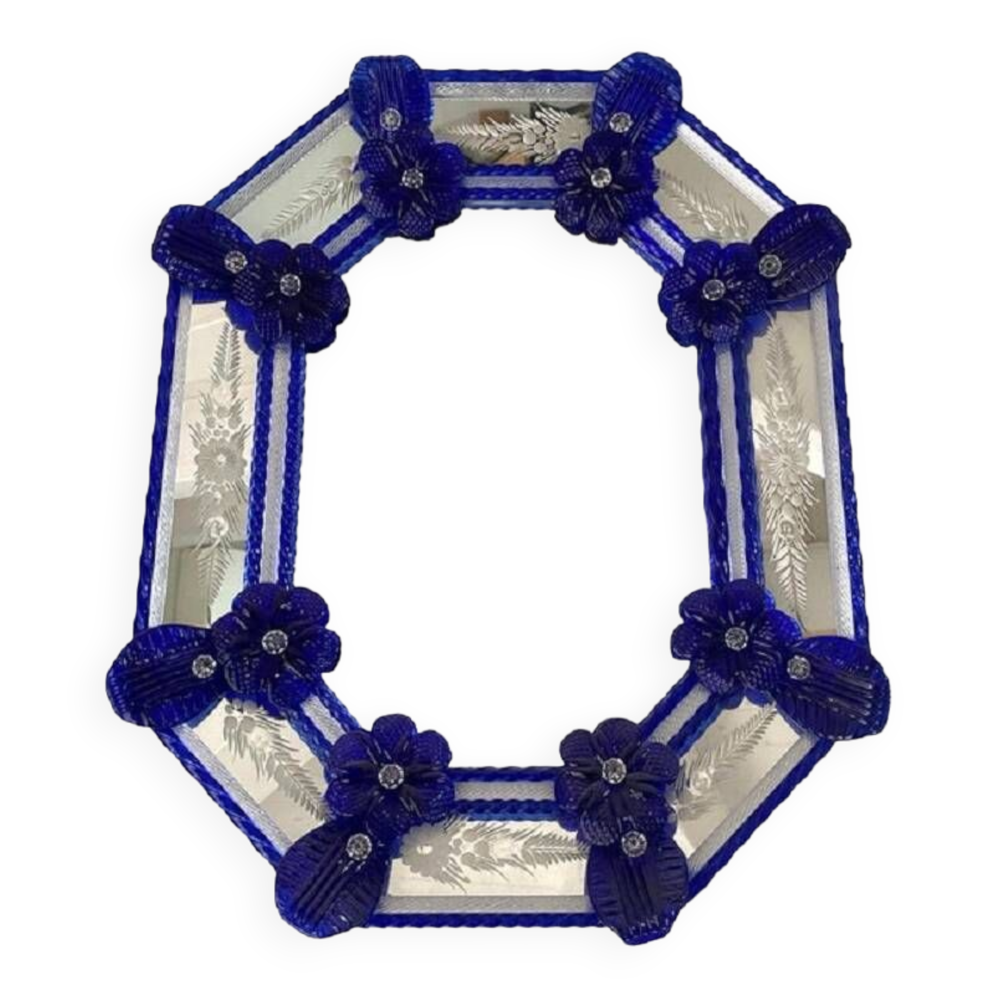 Miroir vénitien octogonal bleu floréal sculpté à la main dans le style du verre de Murano