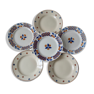 Lot de 6 assiettes plates orange dépareillées Digoin Sarreguemines et Badonvillier