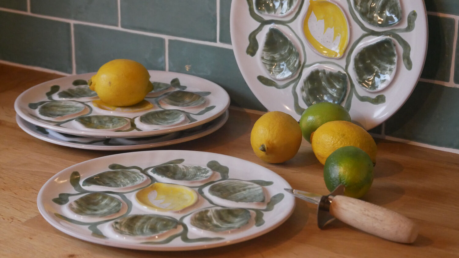 Set of 4 Belon earthenware oyster plates – 25 cm – yellow & green