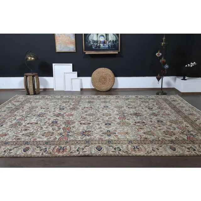 1960s Persian Handmade Wool Cotton Beige Oversized Area Rug 269x385