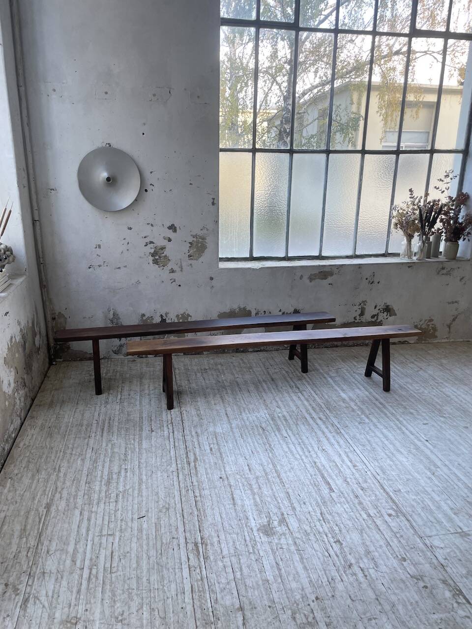 Pair of benches in walnut and solid oak 230 cm