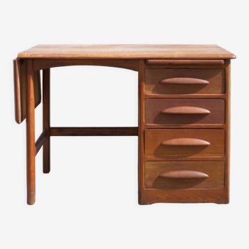 Bureau bois américain, bureau avec tiroirs et rallonge pliante, années 50