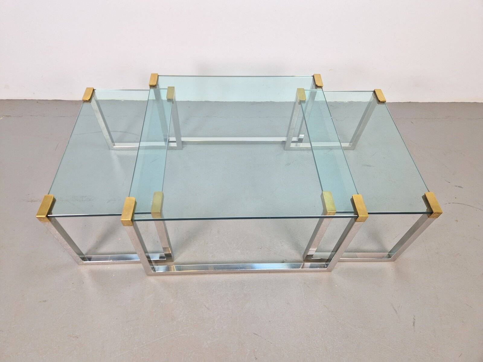 T53 Coffee and Side Tables in Brass and Glass by Peter Ghyczy, 1970s, Set of 3
