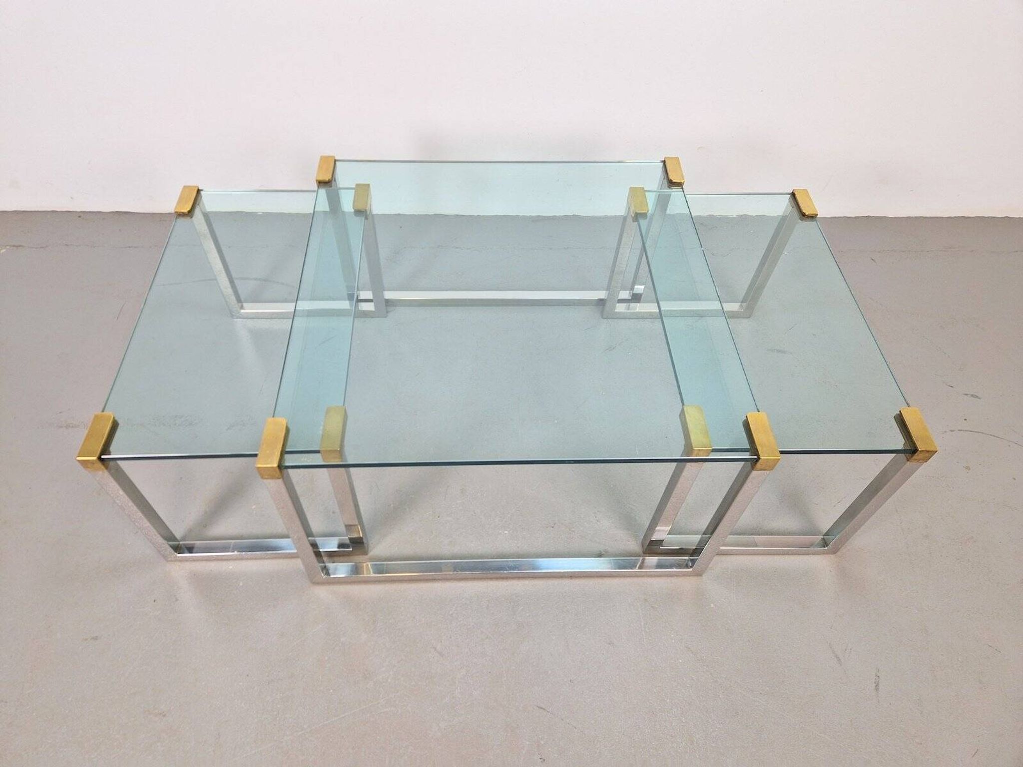 T53 Coffee and Side Tables in Brass and Glass by Peter Ghyczy, 1970s, Set of 3