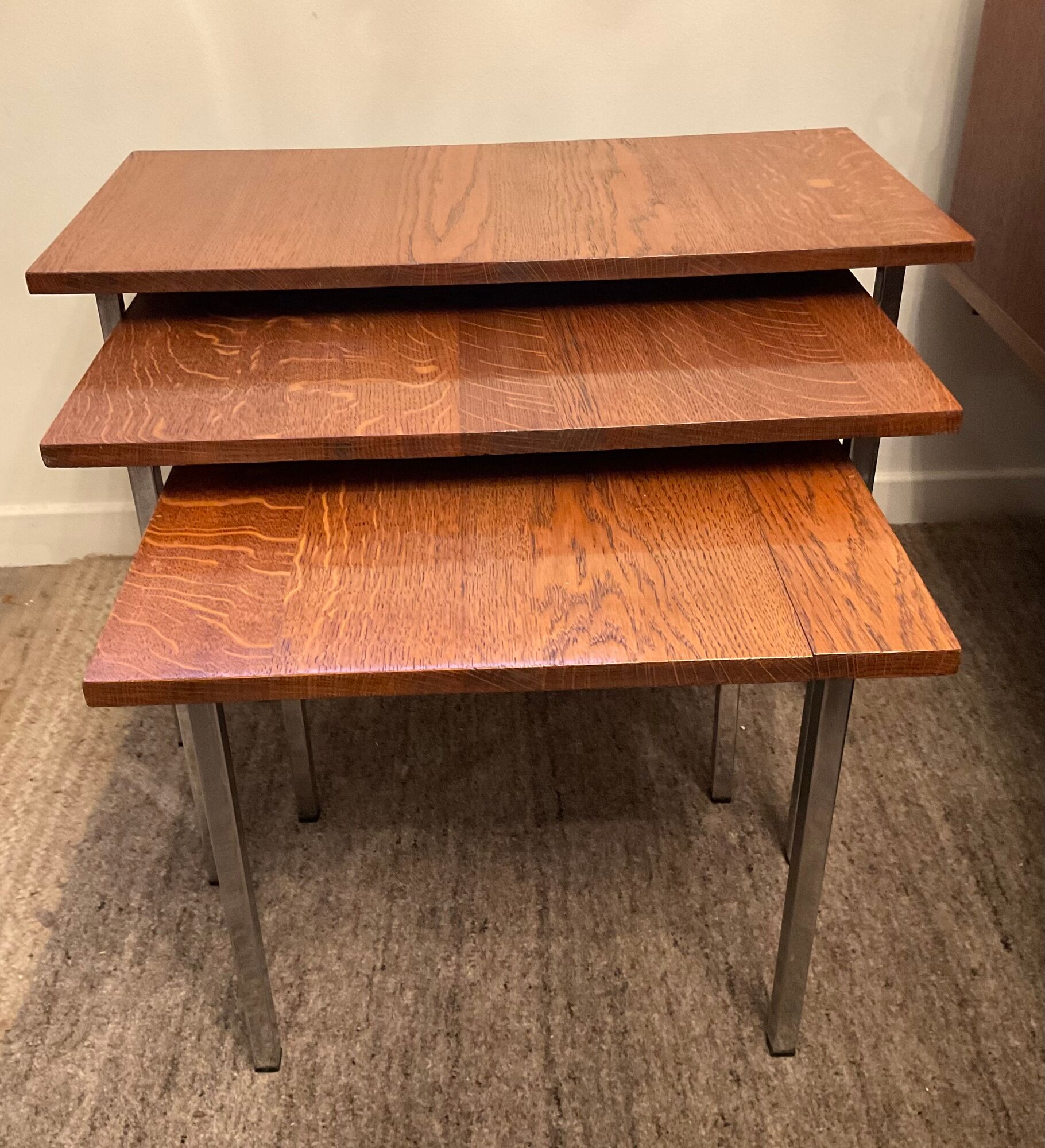 Series of 3 nesting tables from the 70s in wood and chromed metal