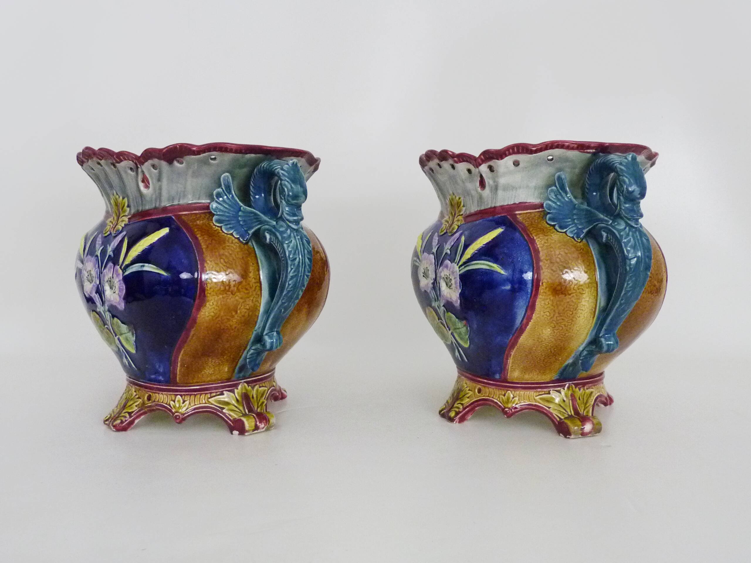 Pair of antique Art Nouveau dragon slip planters