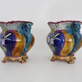Pair of antique Art Nouveau dragon slip planters