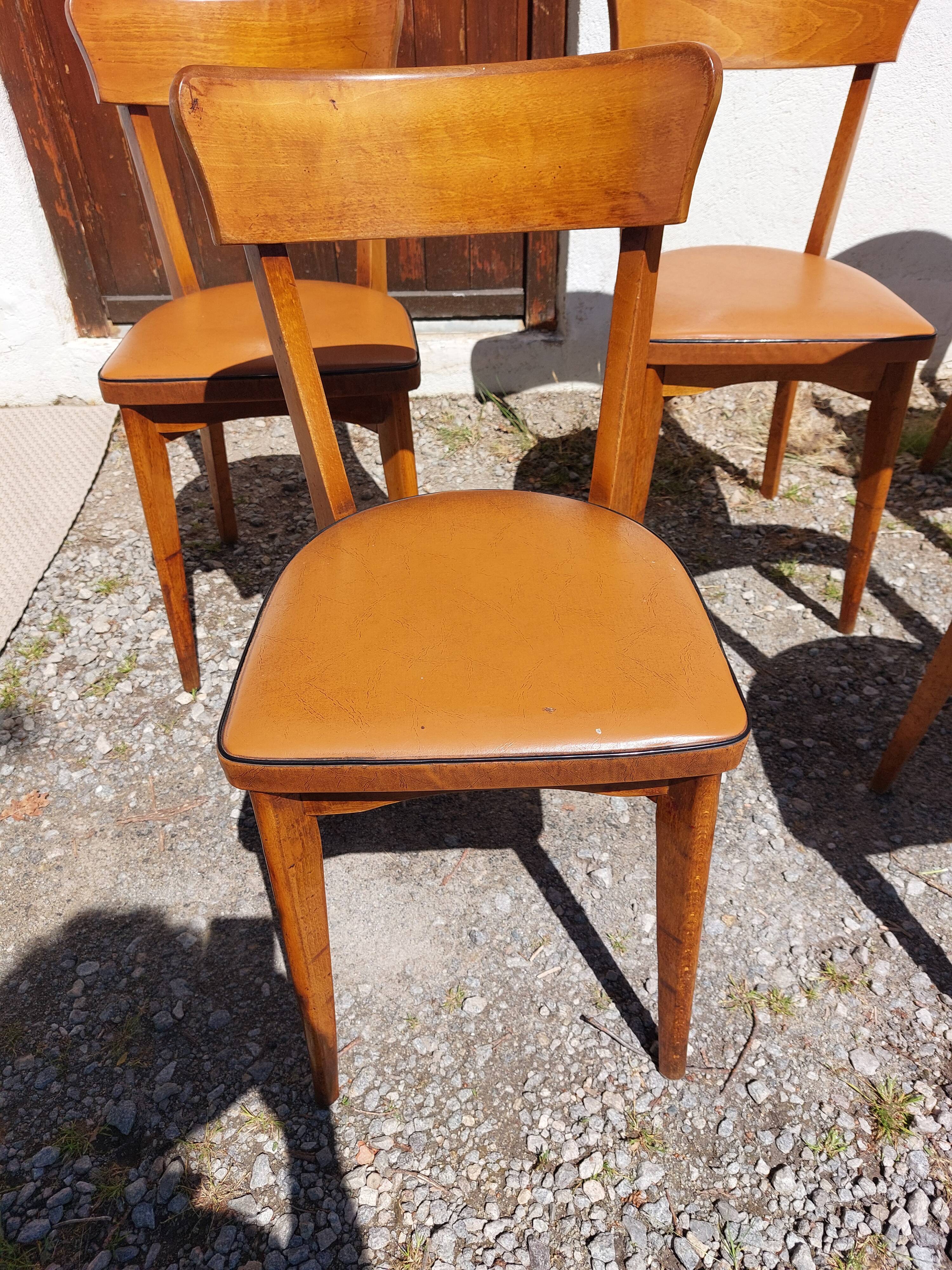 6 vintage 1960s wooden bistro chairs with camel faux leather.