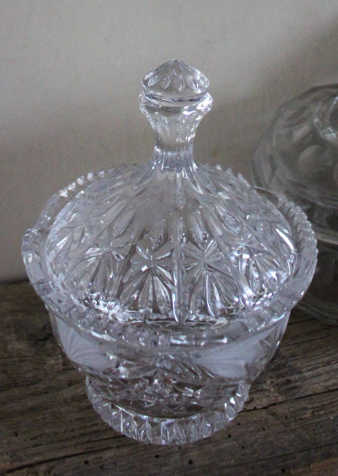 Sugar bowl, candy dish with chiseled glass and foliage