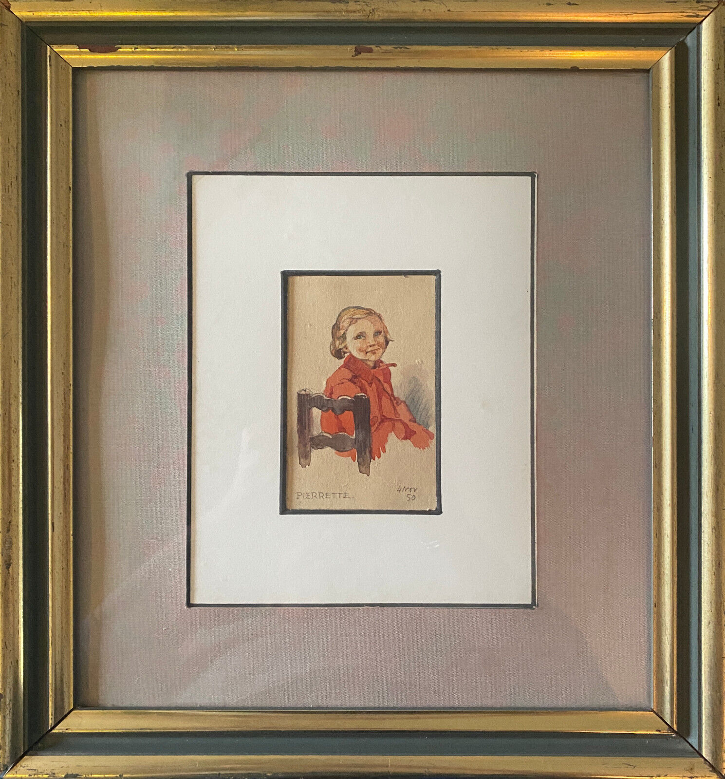 Watercolor painting "young girl" Pierrette dated 1950 and frame
