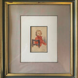 Tableau aquarelle "jeune fille" Pierrette datée de 1950 et cadre