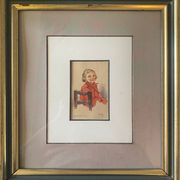 Watercolor painting "young girl" Pierrette dated 1950 and frame