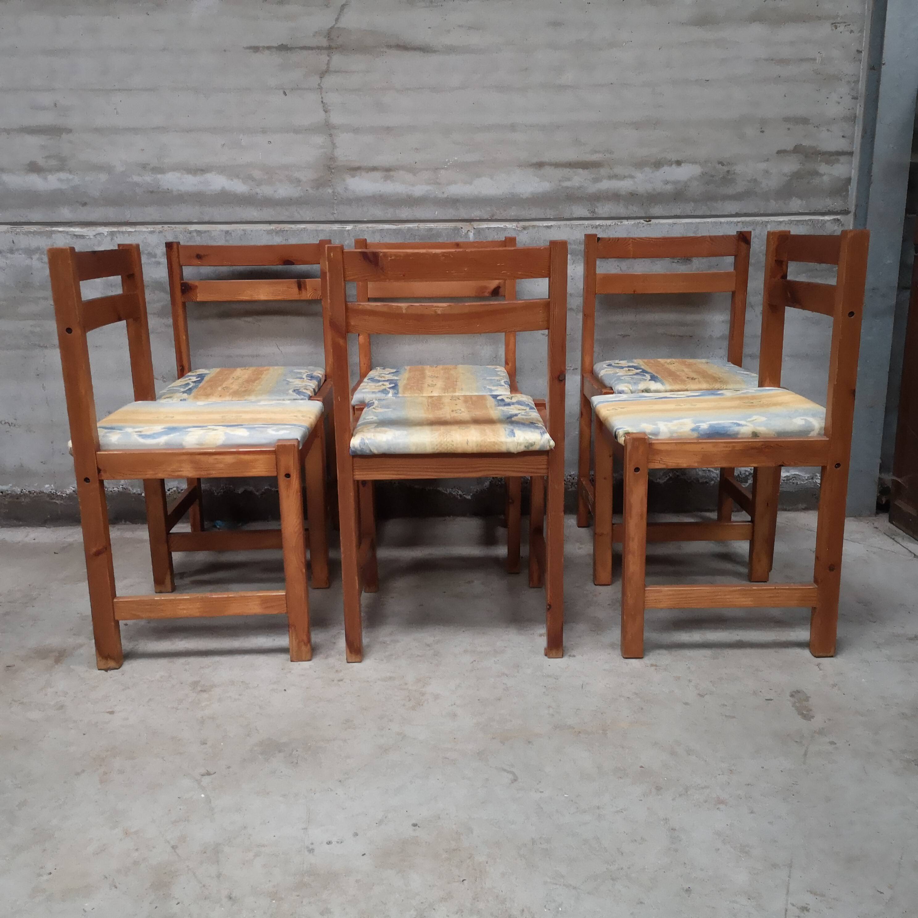 6 vintage 1970s pine Maison Regain chairs