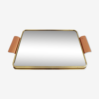 Plateau miroir avec motif diamant en laiton et cuivre, années 50