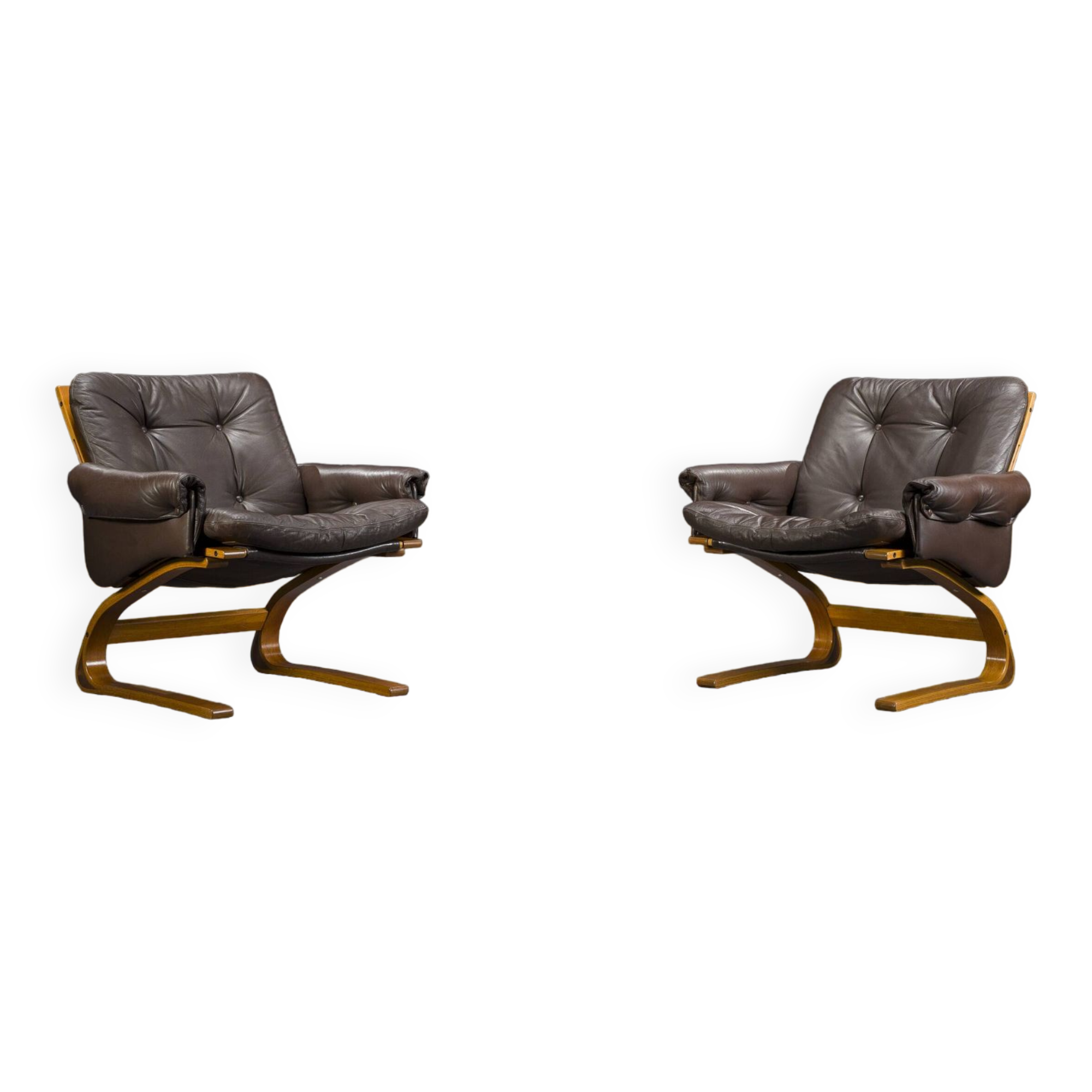 Brown Leather Armchairs by Elsa & Nordahl Solheim for Rybo Rykken & Co., 1970s, Set of 2