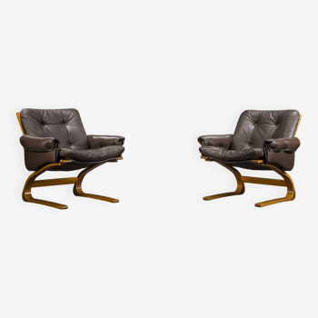 Brown Leather Armchairs by Elsa & Nordahl Solheim for Rybo Rykken & Co., 1970s, Set of 2