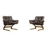 Brown Leather Armchairs by Elsa & Nordahl Solheim for Rybo Rykken & Co., 1970s, Set of 2