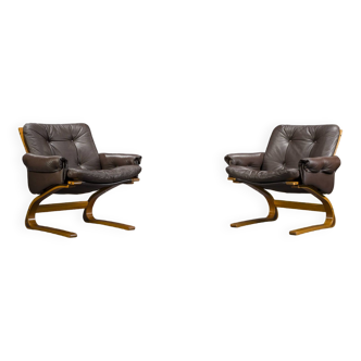 Brown Leather Armchairs by Elsa & Nordahl Solheim for Rybo Rykken & Co., 1970s, Set of 2