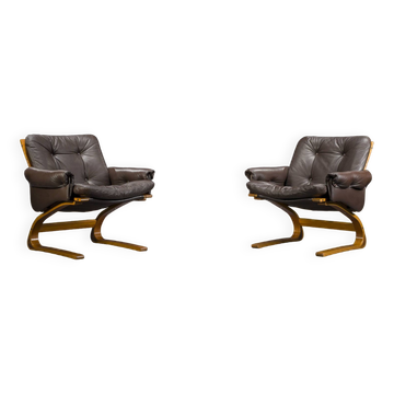 Brown Leather Armchairs by Elsa & Nordahl Solheim for Rybo Rykken & Co., 1970s, Set of 2